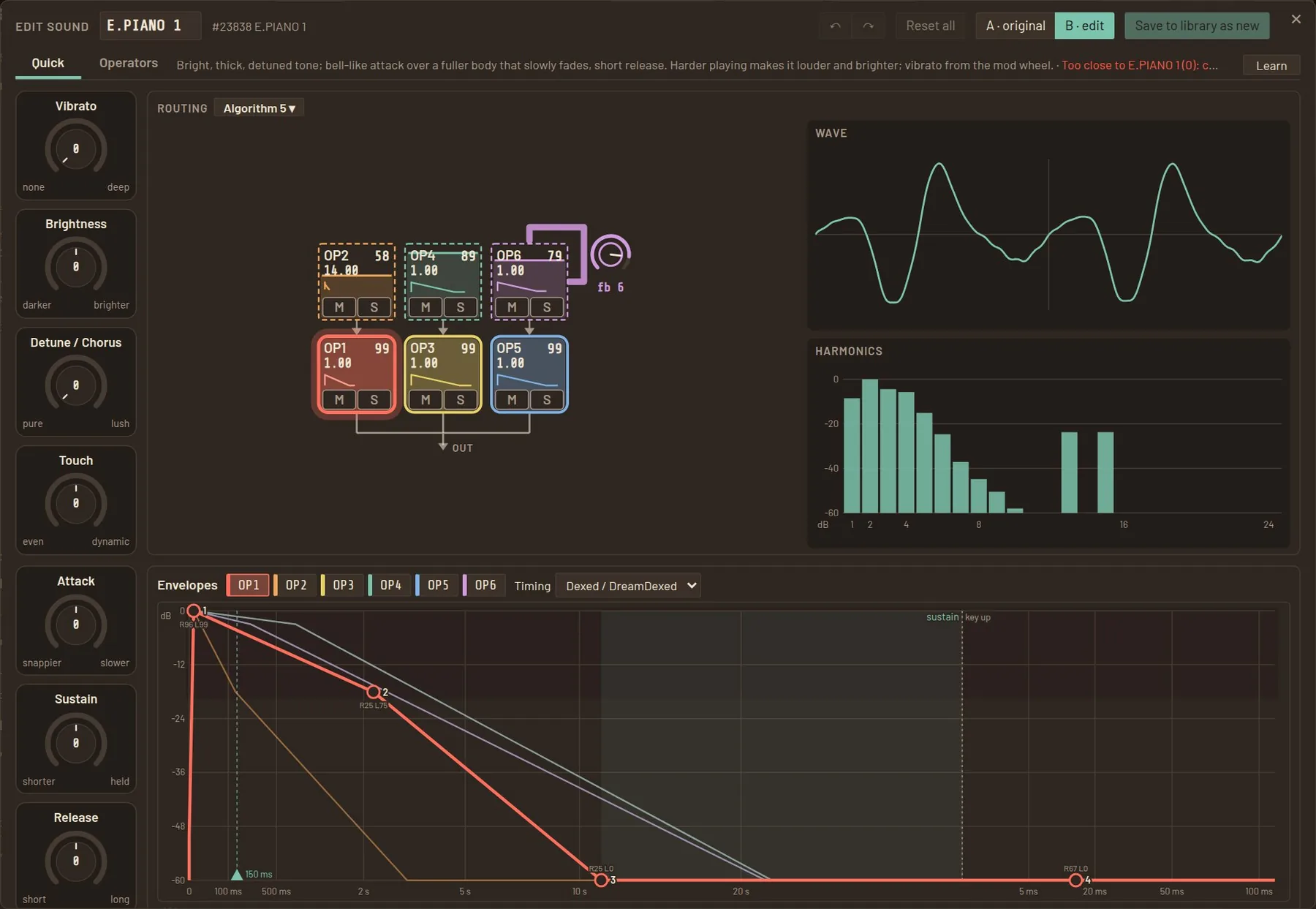 The DX Garden voice editor editing E.PIANO 1: seven knobs, the routing of its six operators, its wave, its harmonics and its envelopes