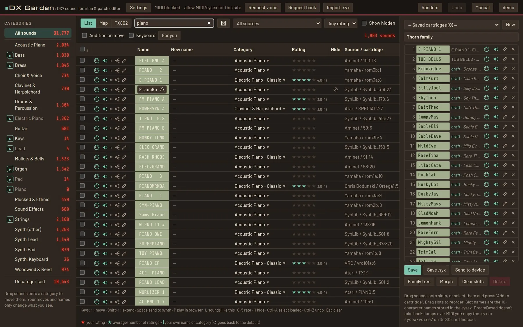 The library: categories down the left, the sound list in the middle, a cartridge being built on the right