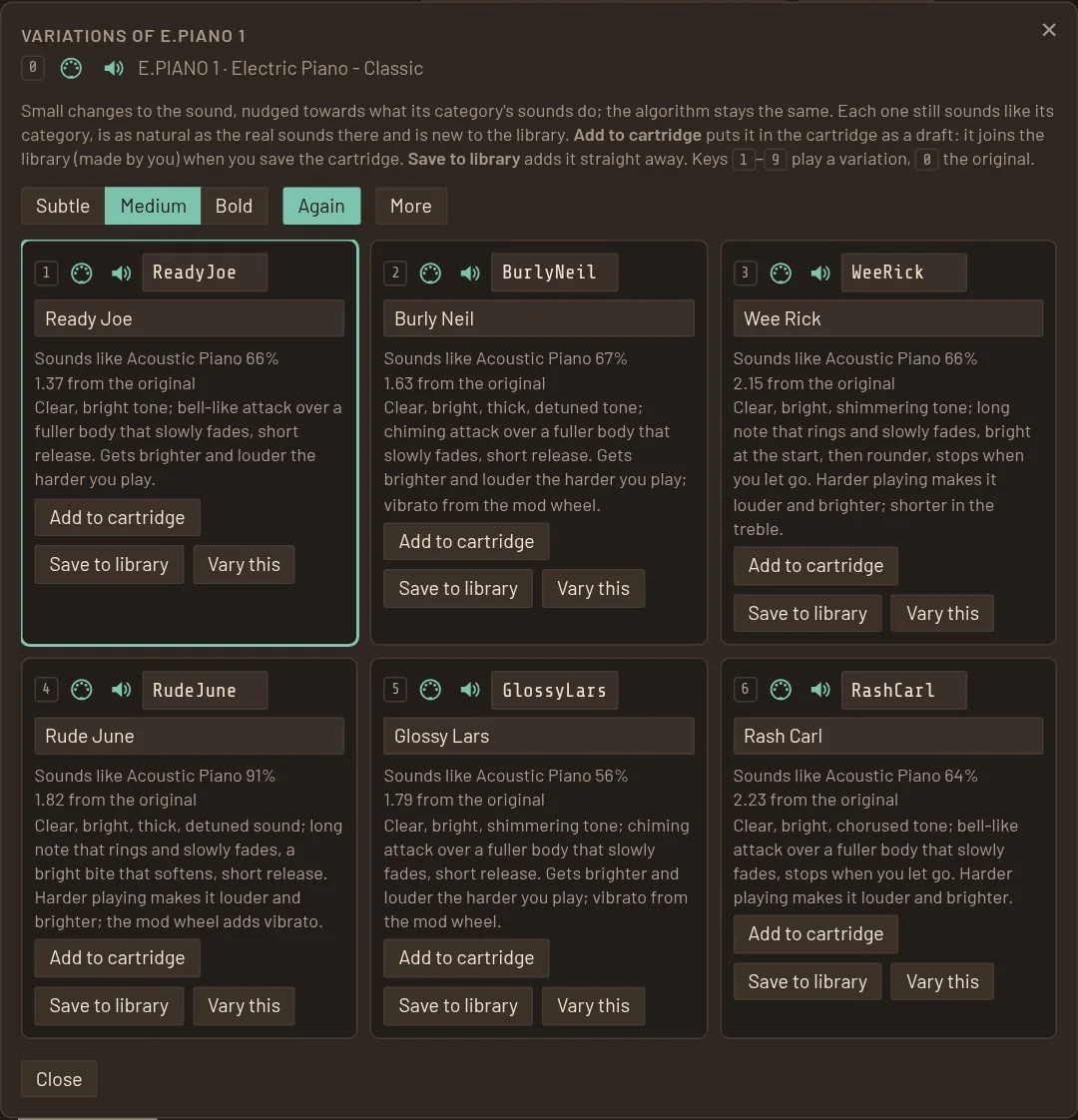 Six variations of E.PIANO 1, each with a description of how it sounds